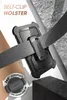 A black belt-clip holster is attached to a grey belt, with text overlays highlighting features. Náhľad obrázku produktu