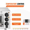 A close-up view of the control panel of a commercial pizza oven, with text overlays explaining its features. Produktbild-Vorschau
