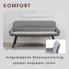 A grey upholstered bench with black legs is shown in a room setting with a framed picture on the wall. A close-up inset shows the backrest detail. Produktbild-Vorschau