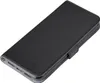 A black leather flip case for a smartphone is shown from a slightly elevated diagonal angle against a white background. Produktbild-Vorschau