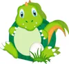 A cartoon dinosaur sitting next to a cracked egg and grass. Produktbild-Vorschau