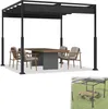 A black metal pergola with a retractable fabric roof, set up over a dining table and chairs. Náhled obrázku produktu