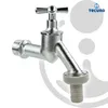 A silver faucet with a grey hose adapter, set against a white background with faint grey circles and a logo. Produktbild-Vorschau