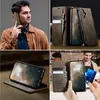 A collage of images showing a man holding a phone with a brown leather case, close-ups of the phone case, and a person using the phone case with cards. Produktbild-Vorschau