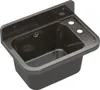 A dark-colored sink with a textured finish is shown against a white background. It has a raised backsplash with two holes for faucets and a ribbed drainboard on the right side. Produktbild-Vorschau