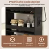 A close-up view of a black shelving unit with jars and bottles on it, featuring a built-in power outlet with a plug inserted. The bottom of the image displays icons and text detailing the charging capabilities. Podgląd zdjęcia produktu