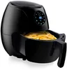 A black air fryer filled with french fries, shown from a three-quarter angle. Produktbild-Vorschau