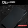 A black cutting board is shown on a dark, textured surface. Text overlays provide product information. Produktbild-Vorschau