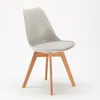 A light gray chair with wooden legs is shown against a white background.