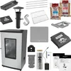 A collection of smoking accessories and components, including a smoker, racks, wood chips, and instructions. Produktbild-Vorschau