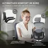 A woman is sitting in an office chair, with different parts of the chair highlighted with callouts and text. Produktbild-Vorschau