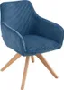 A blue corduroy armchair with wooden legs against a white background. Produktbild-Vorschau