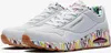 A pair of white Skechers Uno Loving Love women's shoes with a colorful, abstract design on the soles. Náhled obrázku produktu
