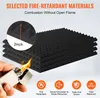 A hand holding a lighter near a stack of black acoustic foam panels, with text overlays highlighting product features. Náhľad obrázku produktu