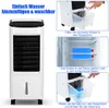 A collage showing how to use a portable air cooler, including filling it with water, freezing ice packs, and placing them in the cooler. Produktbild-Vorschau