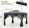 A diagram showing the dimensions of a pop-up gazebo, including its height, width, and depth, along with a packed bag. Produktbild-Vorschau