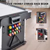 A close-up view of a multi-game table, showcasing its storage racks for billiards balls and hockey pucks, with text overlays highlighting its features. Anteprima dell’immagine prodotto