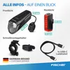 A collage of images showing a bicycle light set and its accessories, with dimensions and text callouts. Náhľad obrázku produktu