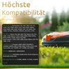 A robotic lawnmower is shown in a grassy outdoor setting, with a dark overlay listing compatible brands and models. Produktbild-Vorschau