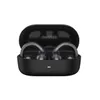 A pair of black wireless earbuds in their open charging case, shown from the front. Voir les images du produit