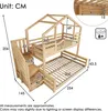 A diagram showing the dimensions of a wooden bunk bed with a pull-out trundle bed and a house-shaped frame on the top bunk. Náhled obrázku produktu