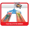 A Hot Wheels track set with two cars racing towards the finish line, with flags at the top. Produktbild-Vorschau