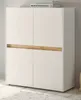 A modern white cabinet with a wood accent strip, placed on a light-colored floor with a rug in front. Produktbild-Vorschau