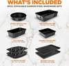 A flat lay of various baking pans with text overlays describing their sizes. Produktbild-Vorschau