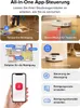 Collage of images and text describing the features of a robot vacuum cleaner controlled by a smartphone app. Produktbild-Vorschau