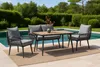 An outdoor seating set with a table, sofa, and chairs placed on a rug next to a swimming pool. Náhľad obrázku produktu