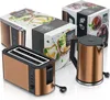 A copper toaster and a copper kettle are displayed next to their packaging boxes, showcasing a breakfast set. Náhled obrázku produktu