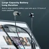 Close-up of in-ear headphones with text overlay highlighting battery life. Produktbild-Vorschau