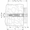 Diagram showing how to install a fischer universal wall plug (dübel) into a wall, with measurements indicated. Anteprima dell’immagine prodotto