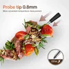 A close-up shot of grilled meat and vegetables on a skewer, with text overlays highlighting a feature. Podgląd zdjęcia produktu