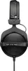 A close-up, head-on view of a black beyerdynamic DT 770 PRO headphone. Produktbild-Vorschau