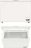 A top-down view of a white chest freezer with its lid open, showing the interior and a wire basket. Produktbild-Vorschau