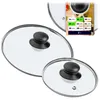 Two glass pot lids with black handles are shown, with an inset graphic displaying various sizes and a quantity indicator. Anteprima dell’immagine prodotto