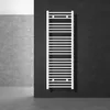 A white towel radiator is mounted on a black tiled wall, with a gray tiled wall and floor in the background. Produktbild-Vorschau