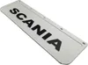 A close-up, angled shot of a white license plate frame with black raised letters spelling 'SCANIA'. Produktbild-Vorschau