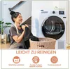 A woman is doing laundry next to a washing machine, with icons and text below indicating product features. Produktbild-Vorschau