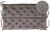 A gray tufted bench cushion is shown from above, with a close-up inset of the fabric texture. Produktbild-Vorschau