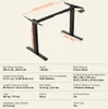 A black adjustable standing desk frame with dimensions and specifications displayed. Podgląd zdjęcia produktu