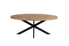 A round wooden table with a black metal base, photographed against a white background. Voir les images du produit