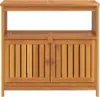 A wooden console table with two doors and an open shelf above. Produktbild-Vorschau
