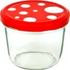 A clear studio shot of a glass jar with a red and white polka-dot lid. Produktbild-Vorschau