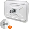 The back of a white rectangular traffic mirror with a silver mounting bracket and a circular inset showing a close-up of the adjustable bracket. Podgląd zdjęcia produktu