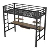 A black metal loft bed with a desk and shelves underneath, shown against a white background. Produktbild-Vorschau