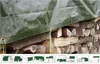 A pile of firewood covered by a green tarp, with a row of smaller images at the bottom showing different uses of tarps. Produktbild-Vorschau