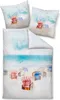 A watercolor illustration of a beach scene with beach chairs and umbrellas. Produktbild-Vorschau