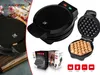 A collage of images showcasing a black waffle maker, its packaging, and a finished waffle. Náhľad obrázku produktu